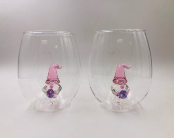 Easter Wine Glasses (Set of 2); Spring Stemless Wine Glass; Figural Gnome Easter Egg Wine Glasses