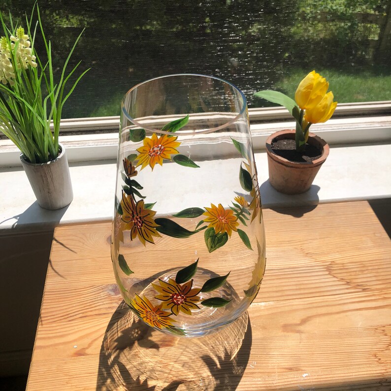 Yellow Hand Painted Sunflower Hand Blown Glass Flower Vase Etsy
