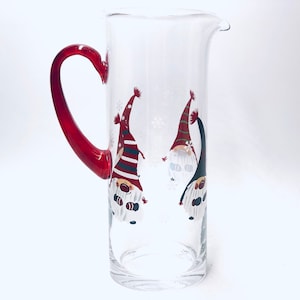 Hand Painted Gnome Pitcher Large Glass Pitcher Christmas Pitcher Kitchen Gifts for Her Christmas Kitchen