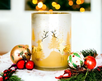 Christmas Candle Holder Winter Candle Holder Gold Pine Tree and Deer Candle Holder Holiday Hurricane Candle Holder