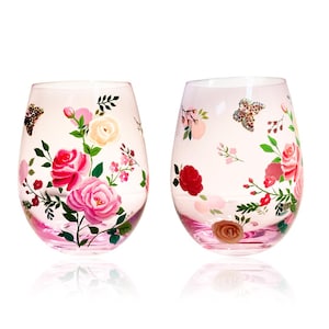 Floral Butterfly Pink Wine Glasses Pink Stemless Wine Glass Pretty Wine Glasses Cute Stemless Wine Glasses Hostess Gifts for Hostess Gift