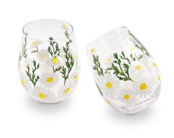 Painted Stemless Wine Glasses Stemless Wine Glass For Summer Wine Glasses For Daisy Party Decor Wine Glasses Gifts for Mom Daisy Decorations