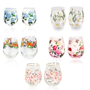 Painted Stemless Wine Glasses Stemless Wine Glass Colorful Glassware Spring Wine Glasses Spring Flower Wine Glass Hostess Gifts for Mom