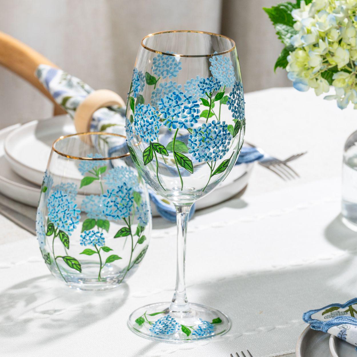 Hydrangea Painted Stemless Wine Glasses Hydrangea Wine Glass Blue
