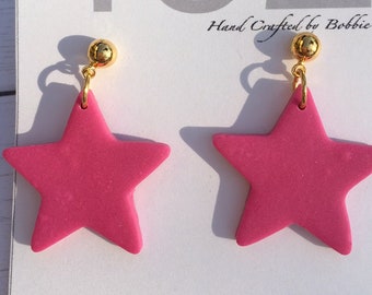 Handmade, Polymer Clay, pink, fuchsia, Star, Statement Earrings