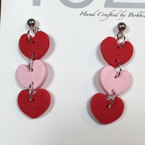 Handmade, Polymer clay earrings, valentines polymer clay earrings, pink  and red hearts, heart drops, in silver , heart shape earrings,