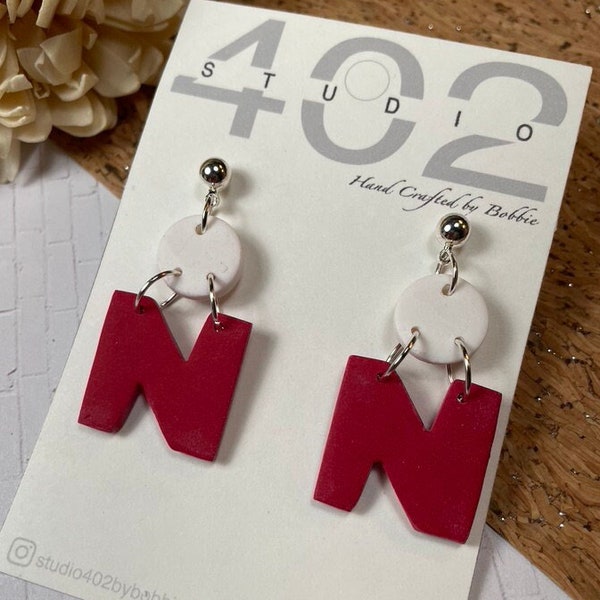 GBR,  Husker Football spirit earrings. Light weight Nebraska football N's Game day, Go big Red wear!