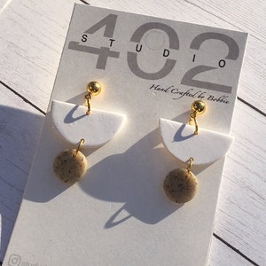 Handmade, polymer Clay, white and stone, granite look, Statement Earrings, circle, semi-circle, minimalist, geometric, boho