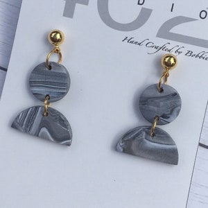 Handmade, Polymer Clay, Statement Earrings, marble black and white, circle, semicircle, dangle in gold.