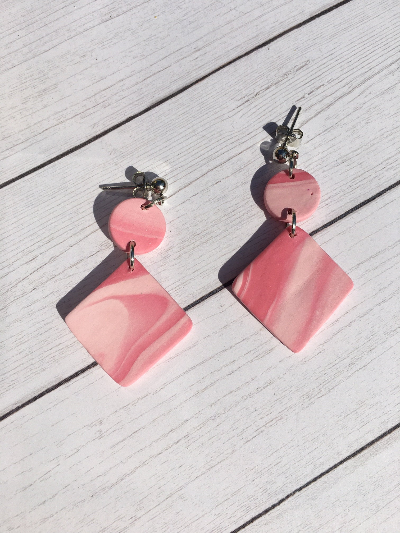 Handmade Polymer Clay Statement Earrings Pink Marble Made Etsy