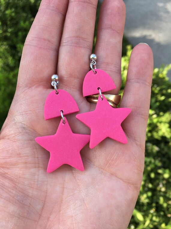 Polymer Clay Earrings Stars in Hot Pink With Silver Etsy