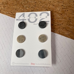 Stud pack, Handmade, Light weight,  Polymer Clay, in gray tones, gray texture, granite, and  marble like, three pair, Stud pack of Earrings