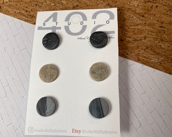 Stud pack, Handmade, Light weight,  Polymer Clay, in gray tones, gray texture, granite, and  marble like, three pair, Stud pack of Earrings