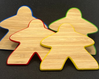 Premium Meeple Coasters - Bamboo with colored edges, set of 4