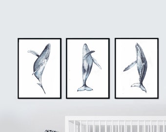 Humpback whale print, whale digital download, set of 3 whales, whale watercolor painting