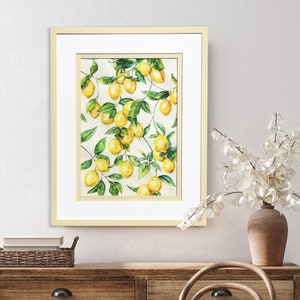 Pintura de limón en acuarela enmarcada - Arte original de pared de cocina con cítricos - Decoración botánica pintada a mano - Arte de verano amarillo