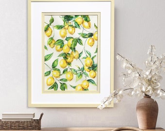Framed Watercolor Lemon Painting - Original Citrus Fruit Kitchen Wall Art - Hand Painted Botanical Decor - Yellow Summer Art