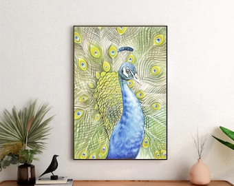 Peacock watercolor painting, peacock wall art, peacock gifts, peacock golden