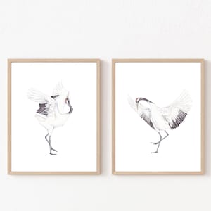 Japanese crane wall art ,white crane print, japanese crane painting, crane watercolor, two cranes