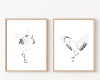 日本の鶴の水彩画アートプリント：モダンな鳥の水彩画 / ミニマリスト