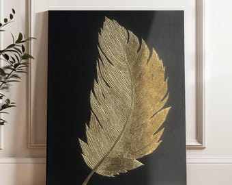 Textured Gold Feather Painting: 3D Acrylic Art on Black Canvas