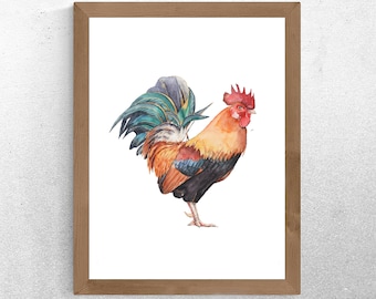 May include: Watercolor painting of a rooster in a wooden frame. The rooster has orange, red, black, and teal feathers. The artwork is set against a white background. The frame is a light brown color.