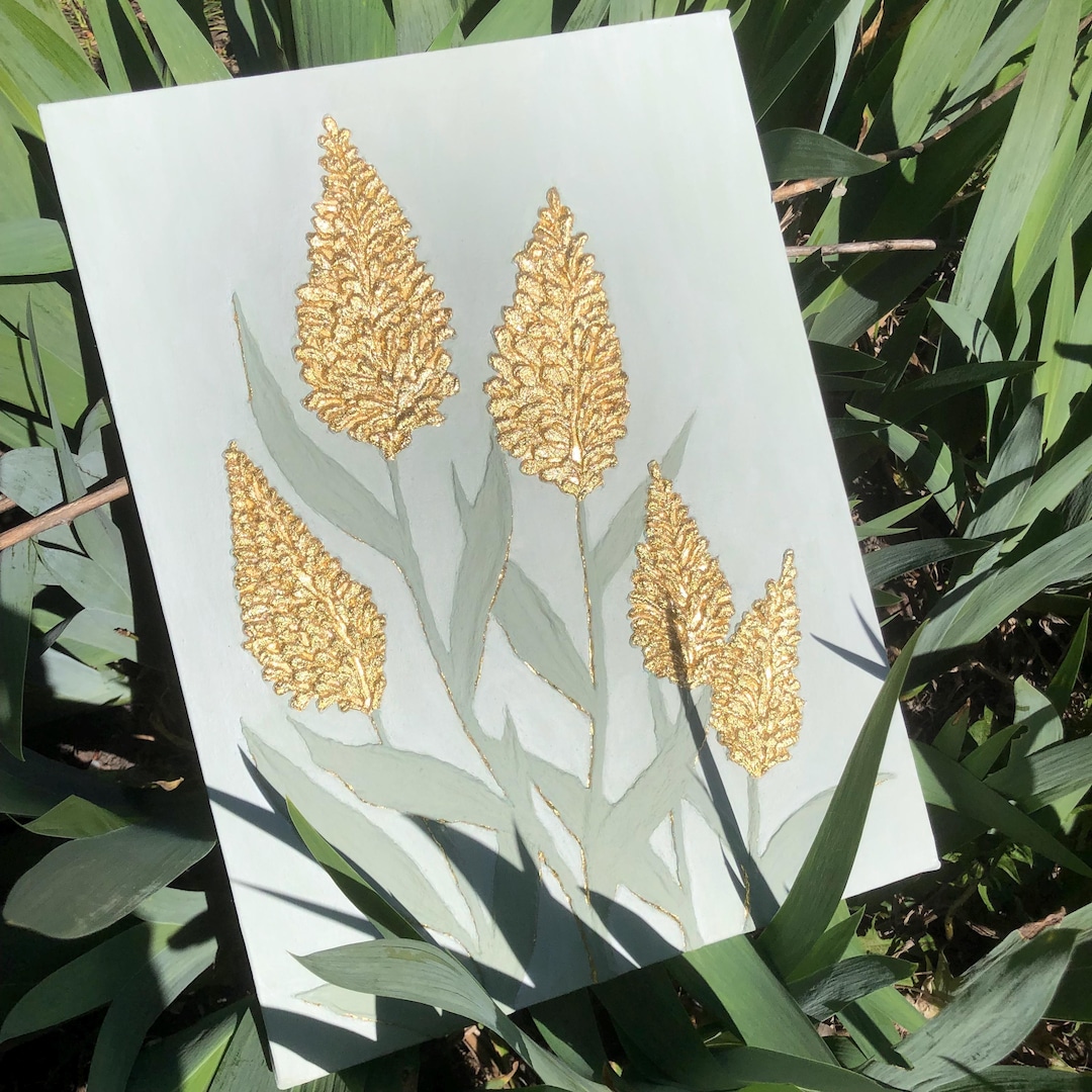 3D Textured Floral Painting: Gold Leaf Abstract Wall Art (12x16 Inches ...