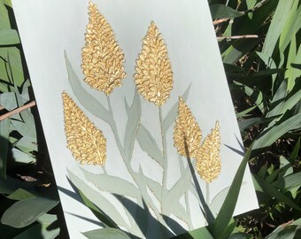 3D Textured Floral Painting: Gold Leaf Abstract Wall Art (12x16 inches)