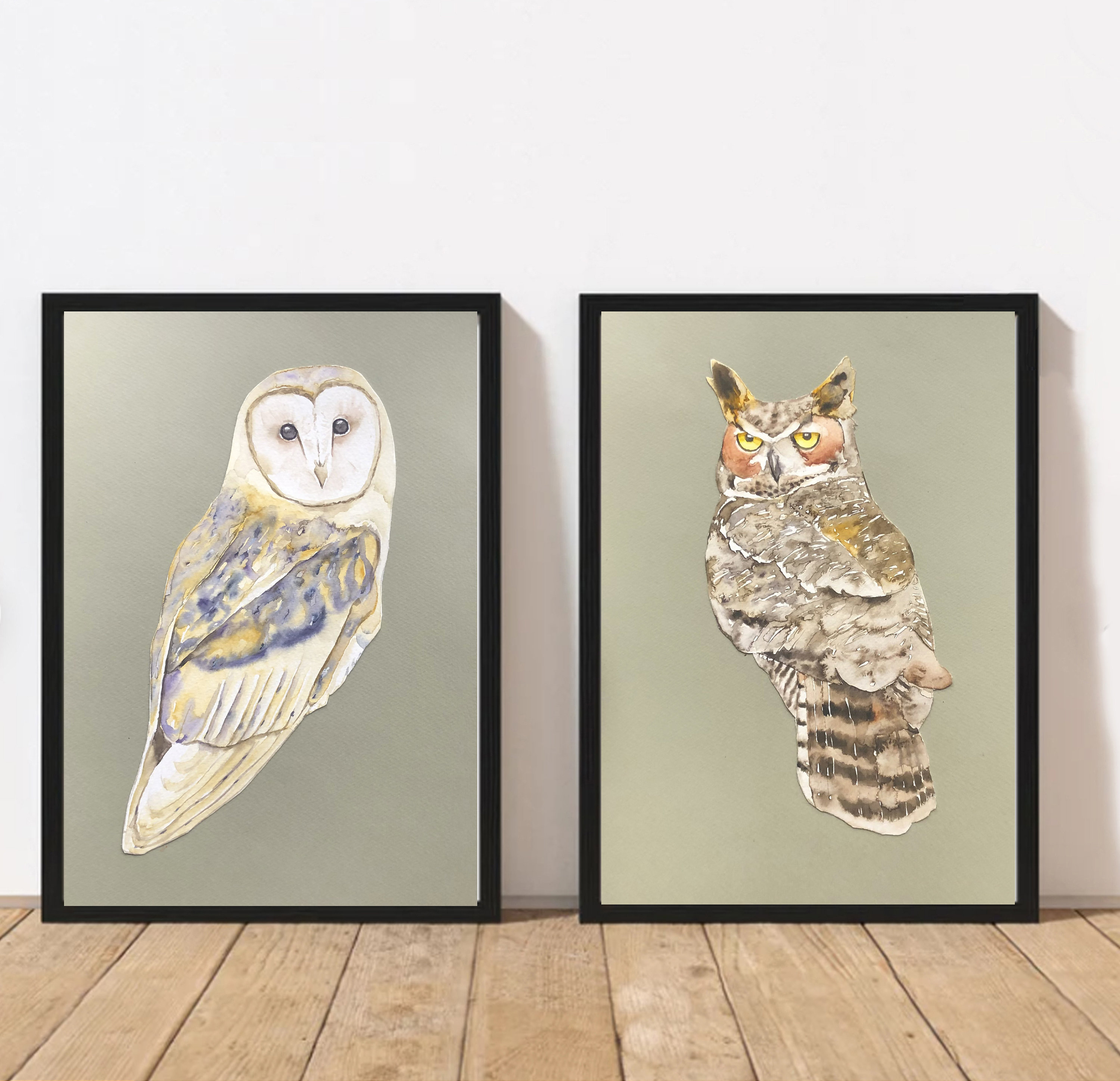 Owl Painting Set – 2 Original Watercolors – Bird Wall Art for Nursery or Home – Wo