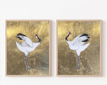 Impresión de grulla japonesa, arte de pared de grulla, arte de pared de metal dorado, dos grullas, arte original japonés