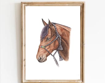 Watercolor horse digital download, horse printable art, brown horse print