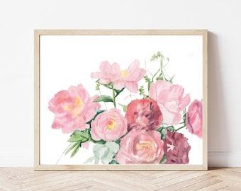 Peonies watercolor printable, pink flowers printable art