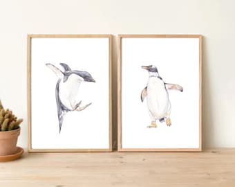 Two penguins, penguin gift, penguin watercolor print, penguin wall art, penguin print