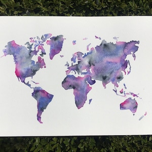 Mapa del mundo en acuarela azul – Obra original pintada a mano – Arte mural de viajes para el hogar o la oficina – Decoración del hogar inspirada en viajes