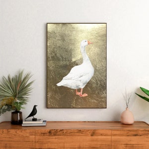Goose Watercolor Print - Elegant White Goose with Gold Leaf - Art for Kitchen, Living Room, Nursery