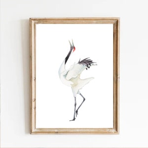 Japanese crane wall art ,white crane print, japanese crane painting