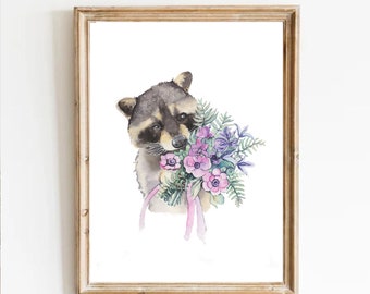 Raccoon printable wall art, nursery decor, woodland nursery animal art, baby raccoon print, printable raccoon print