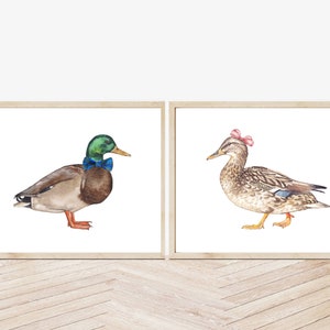 Stockente Druck, Enten Malerei digitaler download, Enten Liebhaber Geschenke, zwei Enten, Tier mit Fliege, Ente mit Schleife, Junge und Mädchen Wandkunst