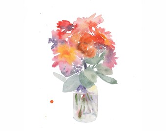 Bunte Blumen Malerei Aquarell Original Kunstwerk, rosa orange lila Blumen