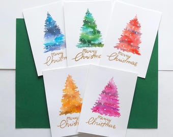 Handgemaakt aquarel kerstkaarten, aangepaste kerstkaarten, kerstcadeaukaart, handgeschilderde kerstkaarten, set kerstkaarten 5
