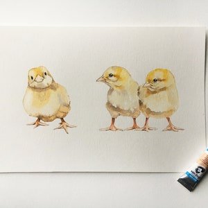 Baby Chick Watercolor Artwork Easter Nursery Wall Art  Primitive Yellow Chicks Painting - Farmhouse Spring Decor - Kitchen or Kids Room Art