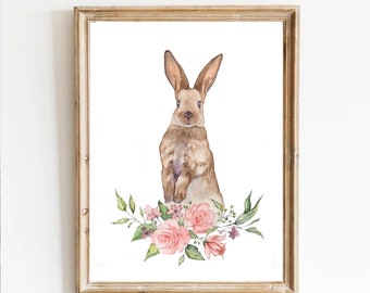 Bunny with flowers print watercolor, brown bunny print, brown rabbit painting,  chinese new year 2023 rabbit, lunar new year rabbit