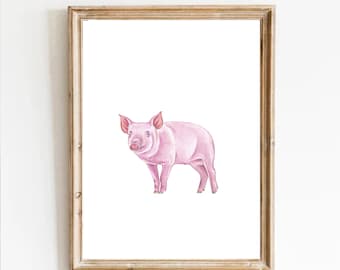 Pintura de acuarela de cerdo, arte de pared con estampado de cerdo
