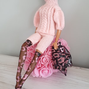 Clothes for doll 11.5 - 12 inch, total look 4 in 1 outfit set for barbiedoll  Fashion doll clothes made to move, pink sweater