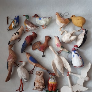 Cotton Spun Antique Vintage  Tree Christmas Ornaments birds, owl, stork, tit, duck, penguin, goose, swan, woodpecker, rooster