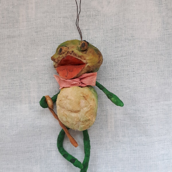 Cotton Spun Antique Vintage  Tree Christmas Ornament Toad Frog,  Frog with a cane