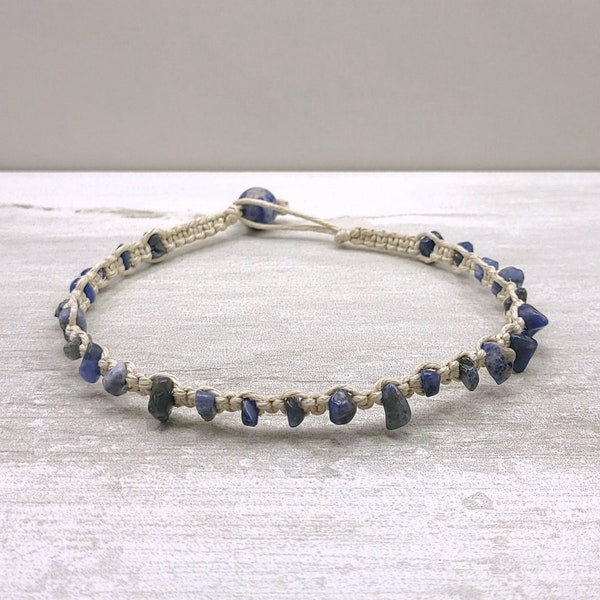 10 3/4" - Sodalite Chip Hemp Ankle Bracelet - Removable Blue Gemstone XL Anklet Macrame Braided Summer Boho Beachy Women Girls Free Shipping