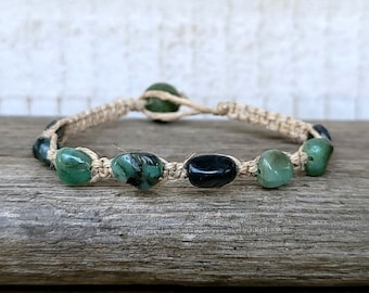 Genuine Emerald Hemp Bracelet - CHOOSE SIZE/STYLE- Handmade Quality Macrame Natural Healing Stone Crystal Gemstone Women Boho Beaded Artisan