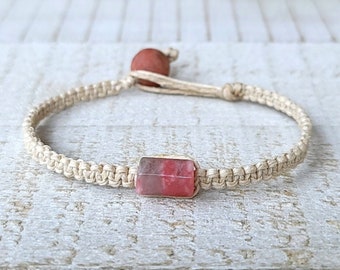 Pink Thulite Gemstone Hemp Bracelet - CHOOSE SIZE - Handmade Quality Unique Macrame Healing Crystal Stone Dainty Women Boho Beaded Artisan