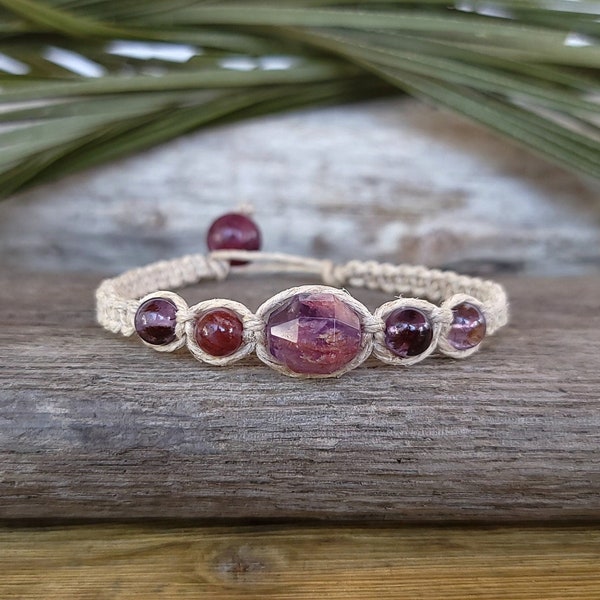 CHOOSE SIZE - Auralite 23 Energy Prism Hemp Bracelet - Removable Super 7 Gemstone Healing Macrame Stackable Boho Women Girls Free Shipping